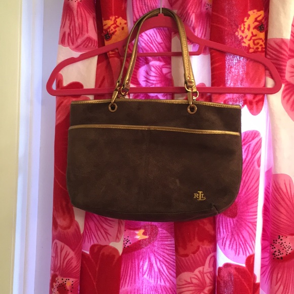 Ralph Lauren Suede Two Strap Brown and Gold Purse - Picture 4 of 5